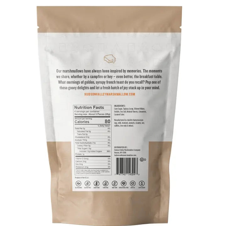 Hudson Valley Marshmallow French toast marshmallows in a resealable pouch with nutrition facts on the back