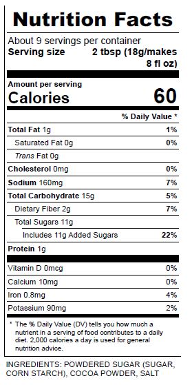 Nutritional information label for Hudson Valley hot chocolate powdered mix showcasing calories and ingredients