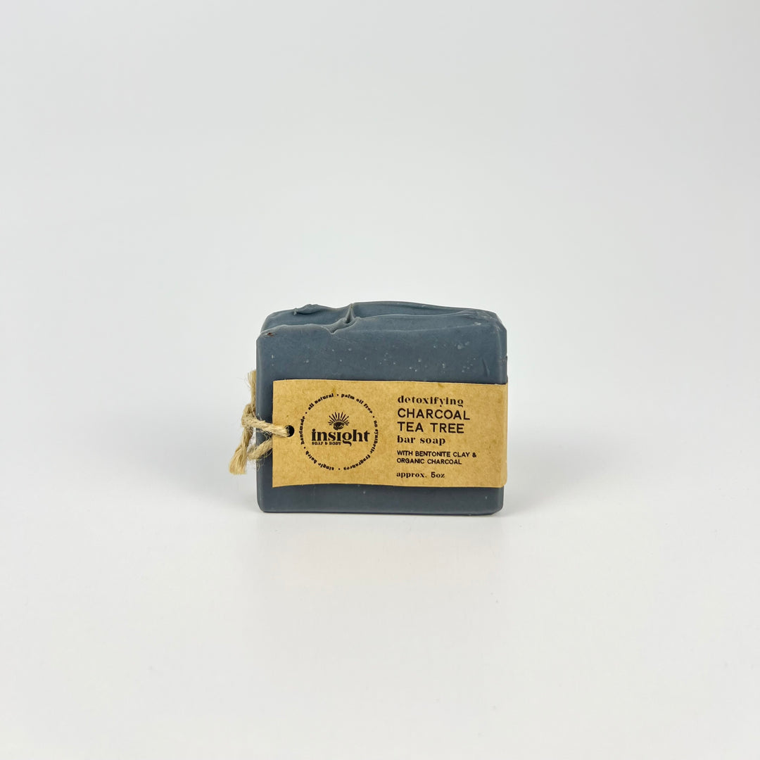 Insight Soap Body charcoal tea tree bar soap dark gray rectangular bar with kraft paper label and twine