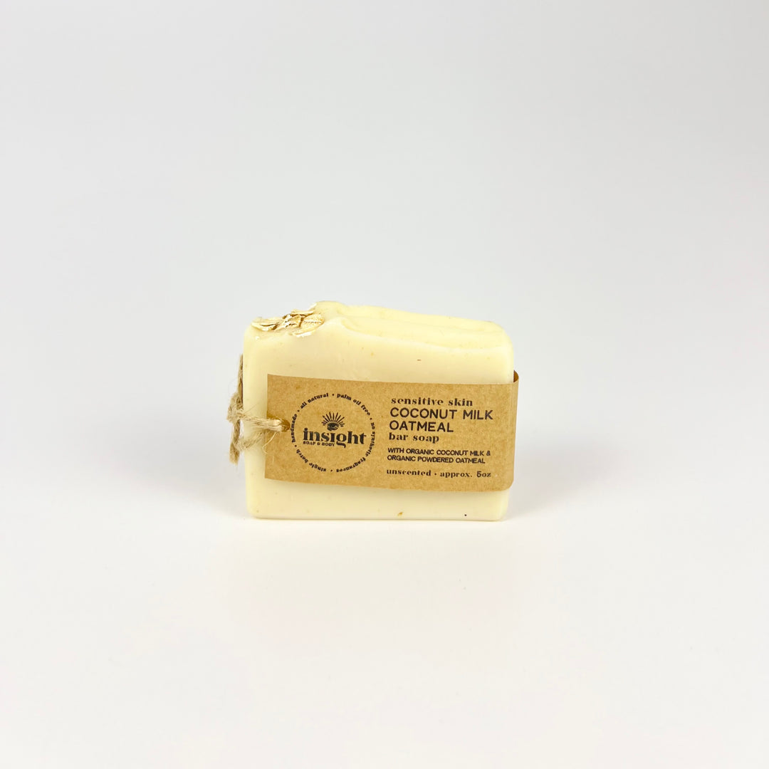 Insight Soap and Body coconut milk oatmeal bar soap wrapped in kraft label for sensitive skin