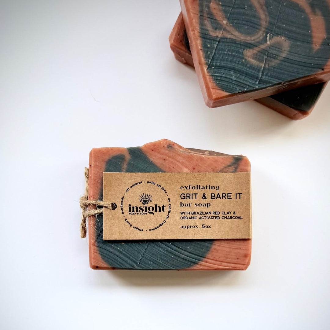 Insight Soap and Body exfoliating bar soap with charcoal Grit and Bare It brown and black swirled bar