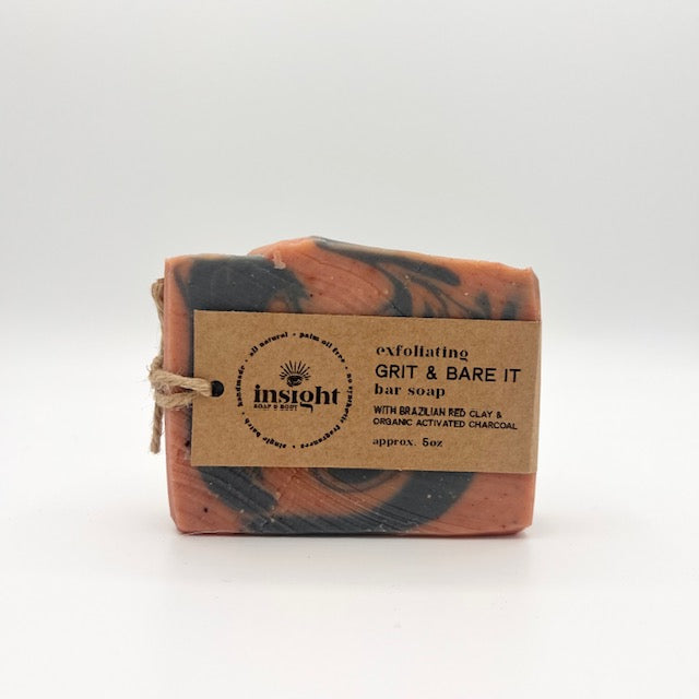 Insight Soap and Body exfoliating bar soap with charcoal wrapped Brazilian red clay bar with black charcoal swirl