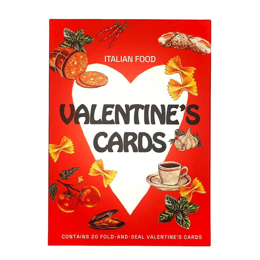 Italian food Valentine’s cards pack featuring colorful graphics and 20 fold-and-seal designs