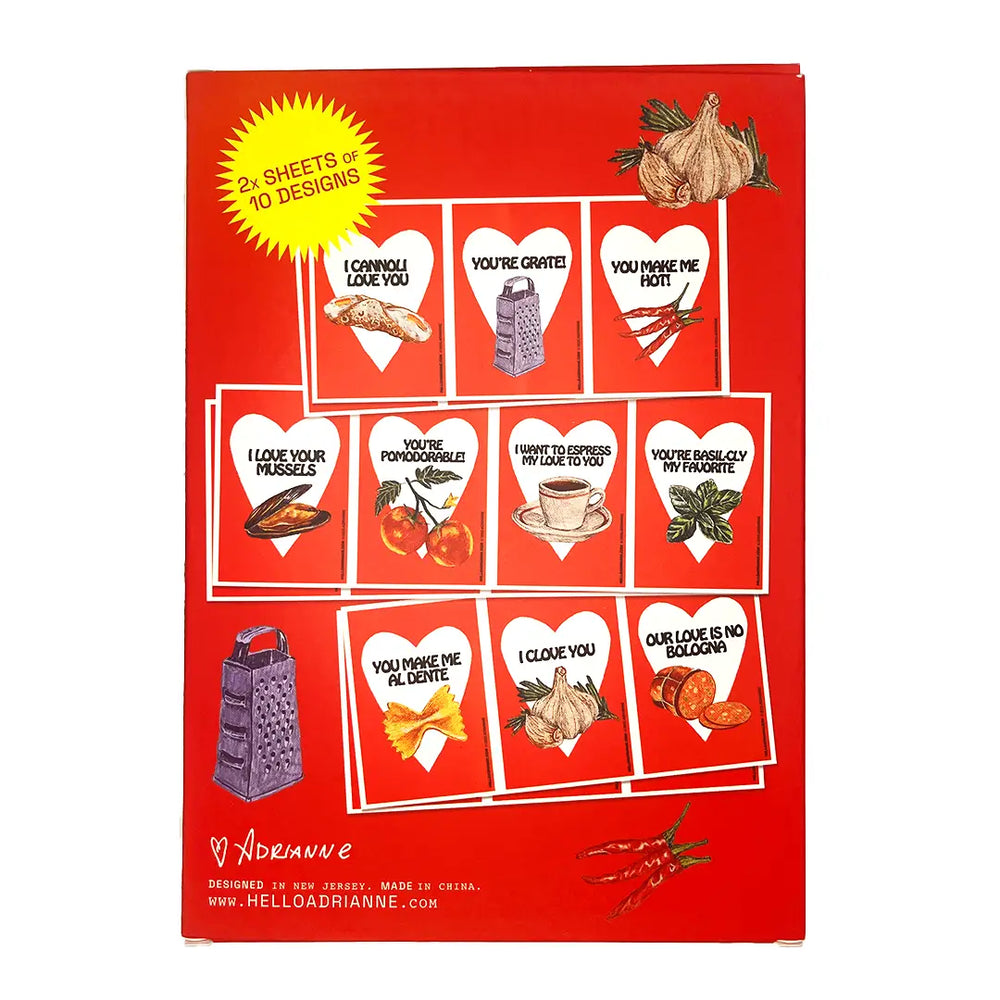 Adrianne's Italian food Valentine’s cards set featuring colorful designs and heartfelt messages