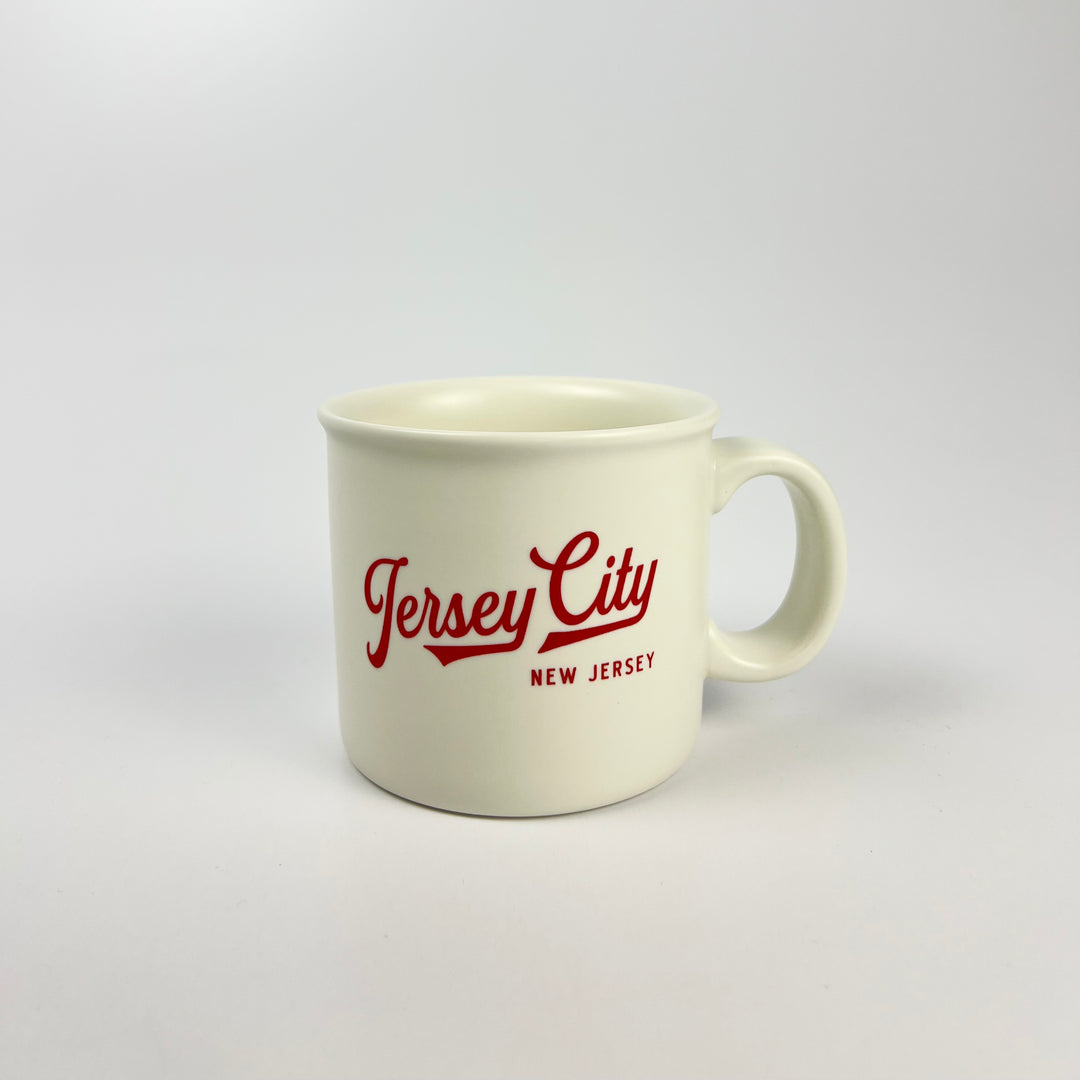 Kanibal and Co ceramic Jersey City Athletic coffee cup cream mug with red Jersey City script