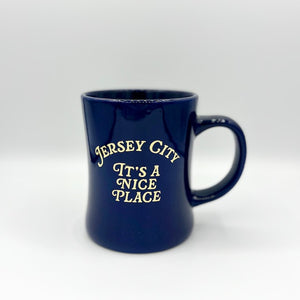 Kanibal & Co. navy blue Jersey City mug with It's a Nice Place text in cream color