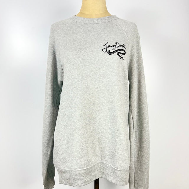Kanibal & Co. gray raglan crewneck sweatshirt with long sleeves and small script logo on chest