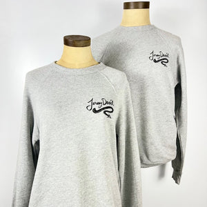 Kanibal & Co. gray raglan crewneck sweatshirt with black embroidered logo on chest
