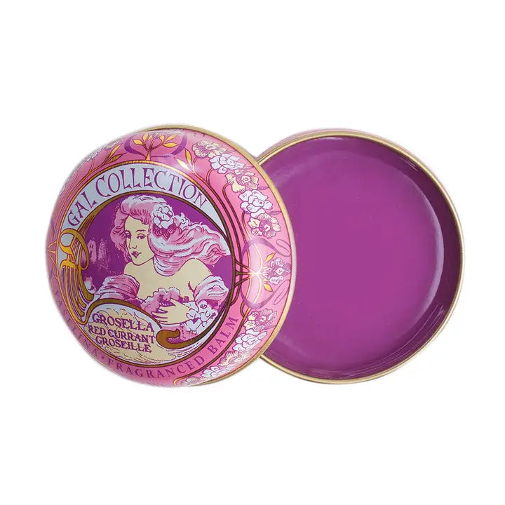 Kalastyle Soap Co red currant balm in decorative pink tin open to show smooth purple balm
