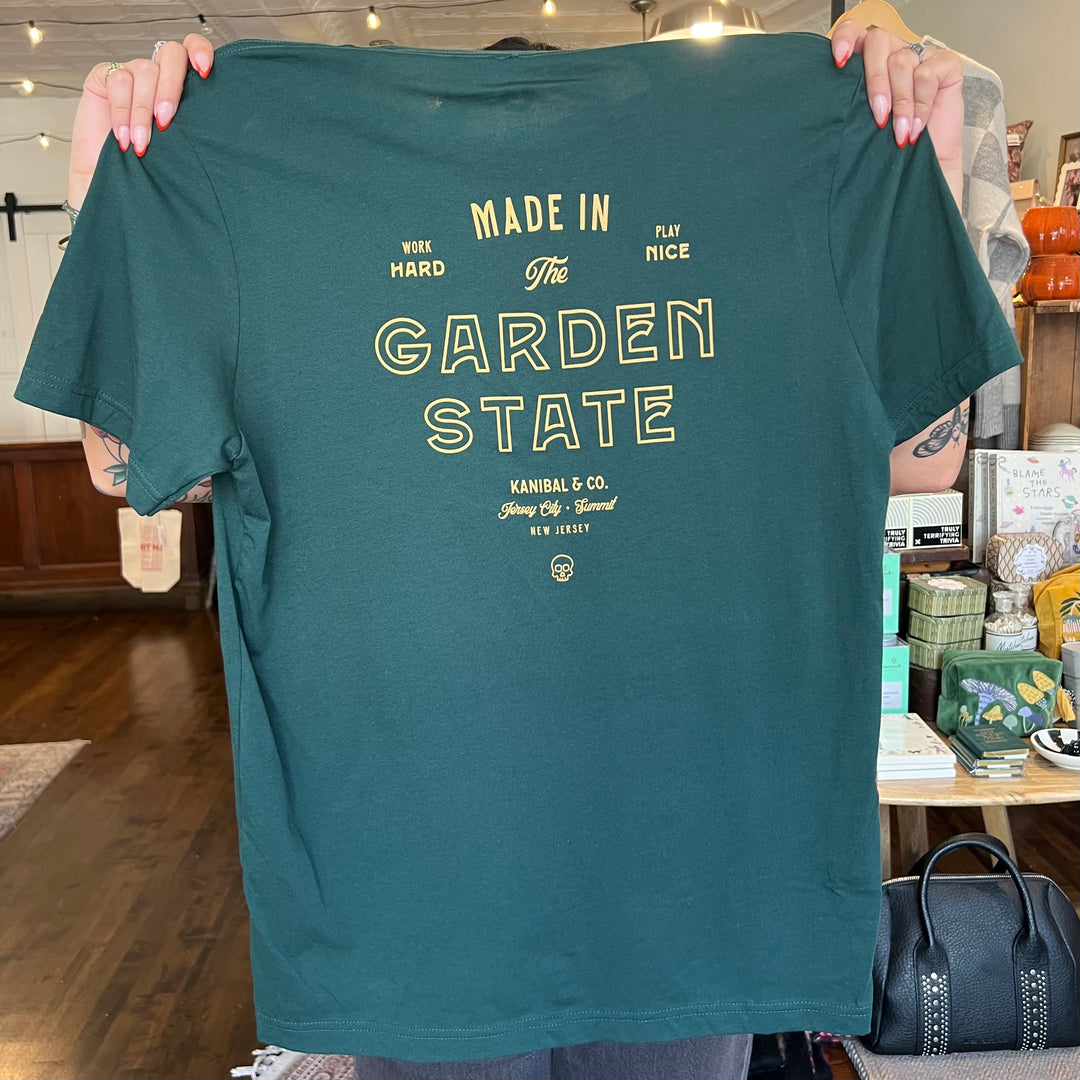 Kanibal & Co. Garden State t-shirt in green with text design celebrating New Jersey lifestyle