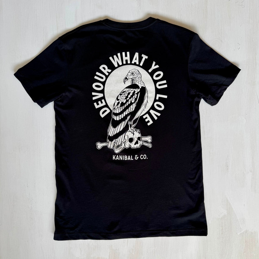 Kanibal & Co. black devour what you love shirt with vulture and skull graphic design on back