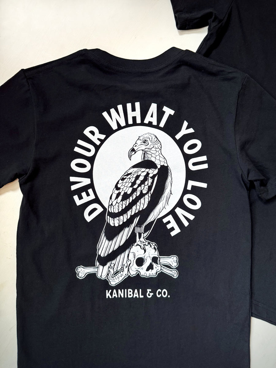 Black devour what you love shirt by Kanibal and Co with vulture and skull graphic on back
