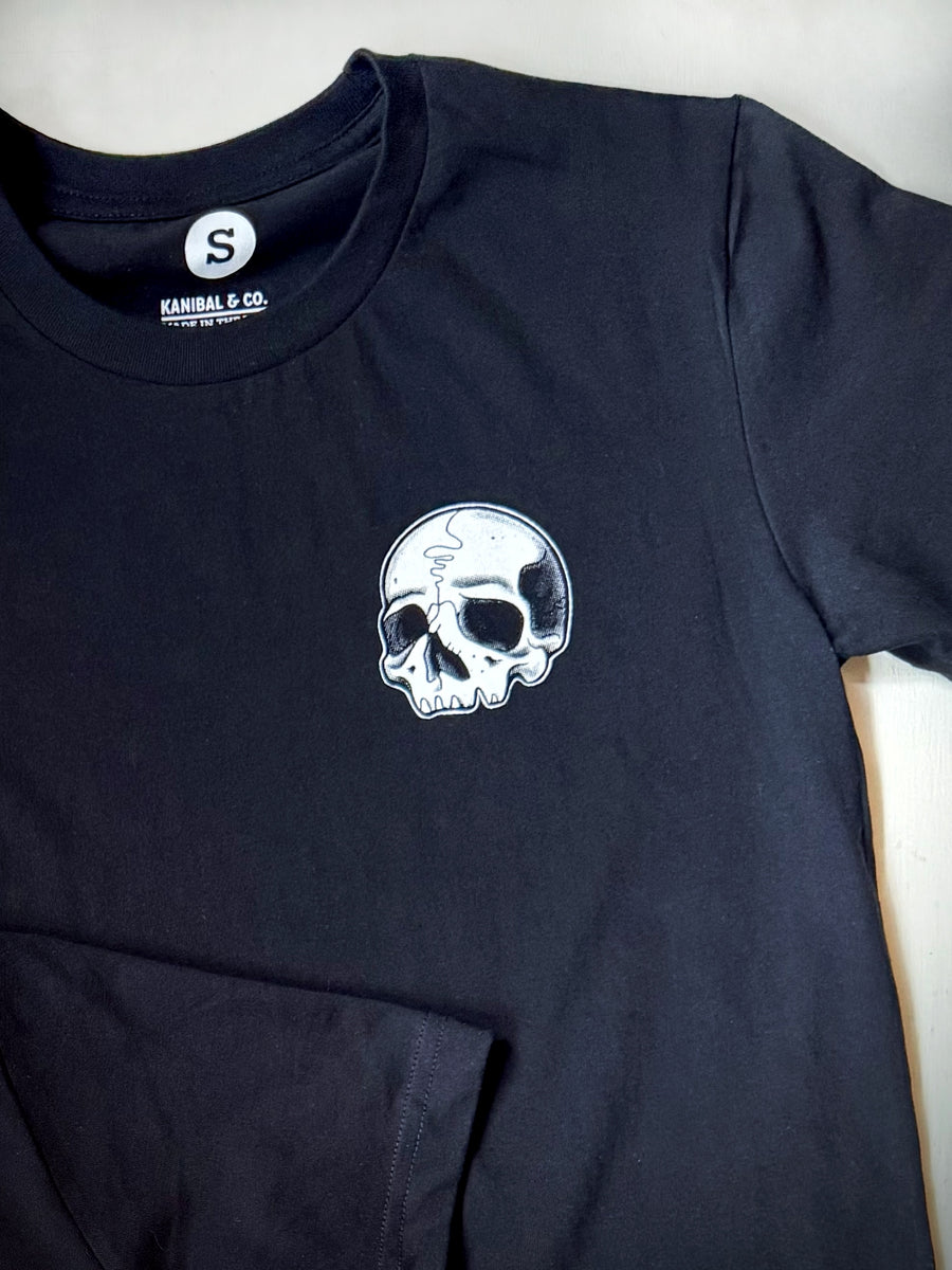 Black devour what you love shirt by Kanibal & Co. with small white skull graphic on chest