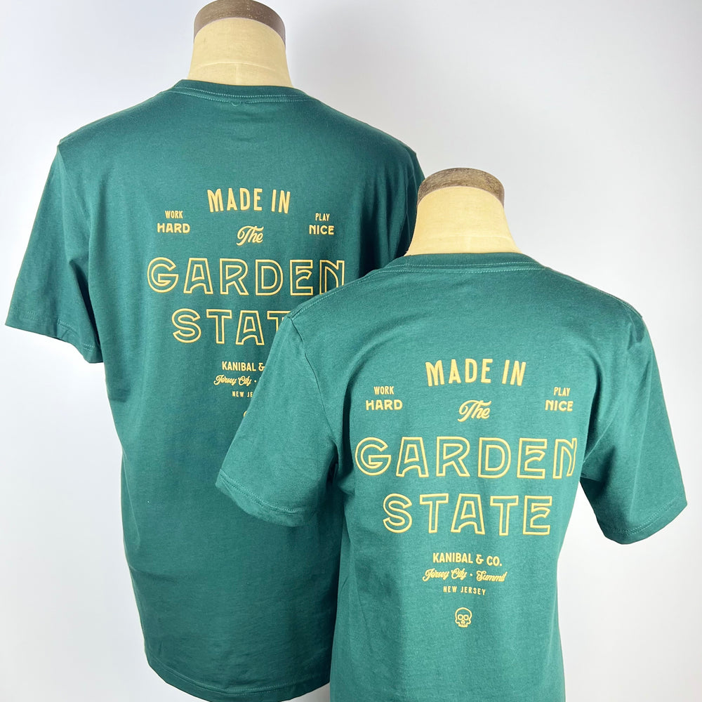 Garden State t-shirt in green with 'Made in the Garden State' printed in bold yellow on the back