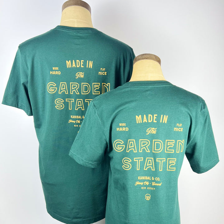 Garden State t-shirt in green with 'Made in the Garden State' printed in bold yellow on the back