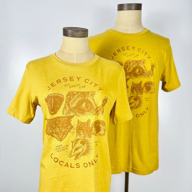 Kanibal & Co. yellow Jersey City locals only t-shirt with illustrated animal faces on front