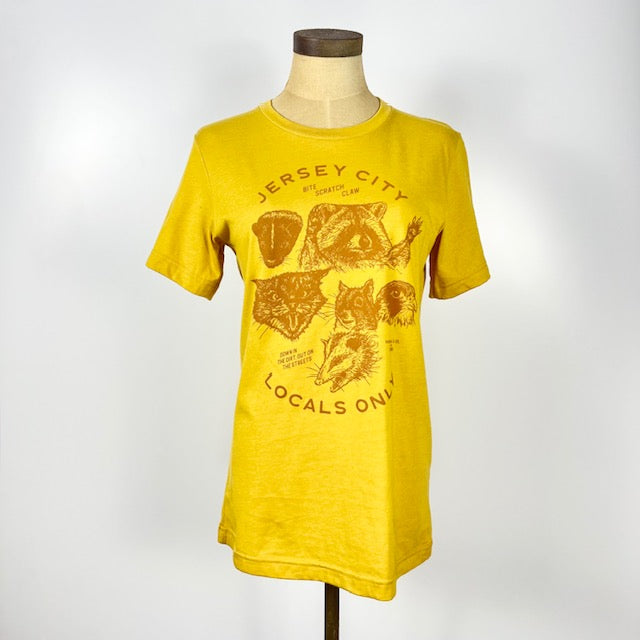 Yellow Jersey City locals only t-shirt with animal graphic print by Kanibal Co on mannequin