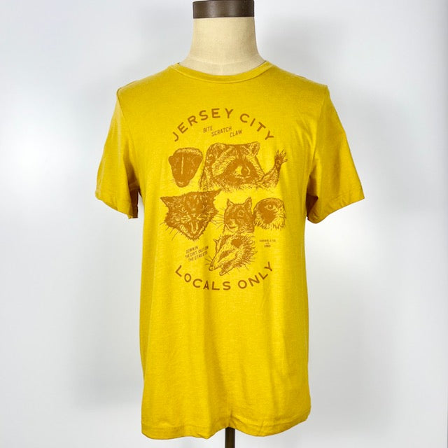 Yellow Jersey City locals only t-shirt with brown graphic animal designs from Kanibal & Co