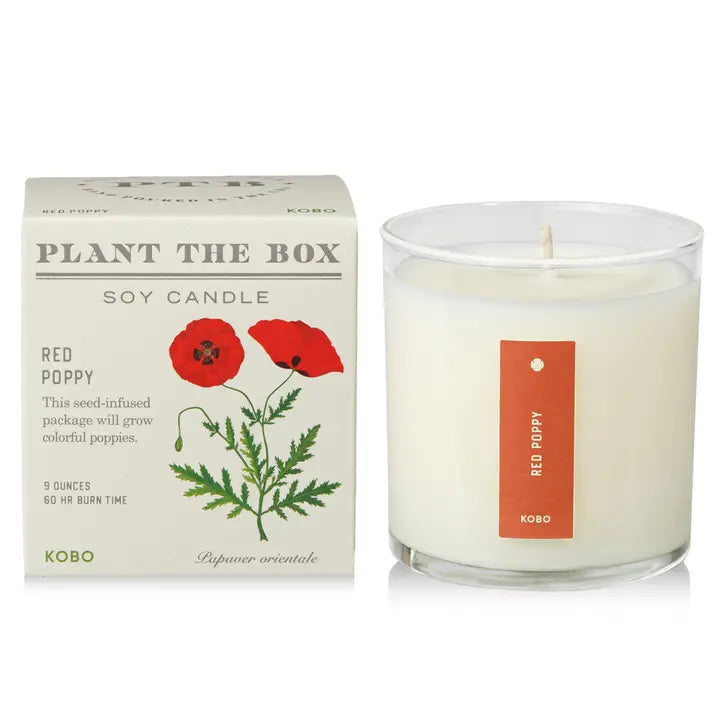 KOBO red poppy scented candle soy candle with seed-infused packaging and 60 hour burn time