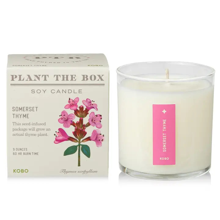KOBO Somerset Thyme candle soy candle with floral packaging and 60 hour burn time
