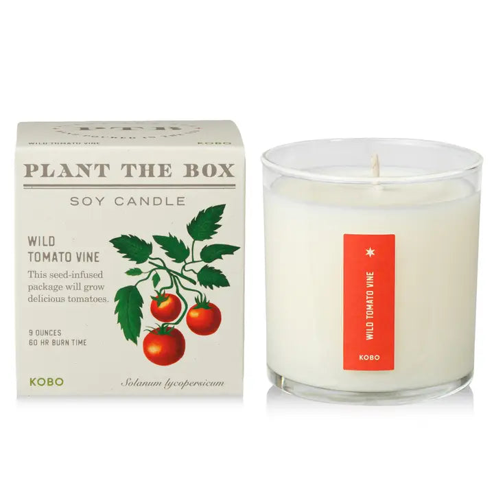 KOBO wild tomato vine candle soy candle with seed-infused packaging and fresh tomato plant illustration