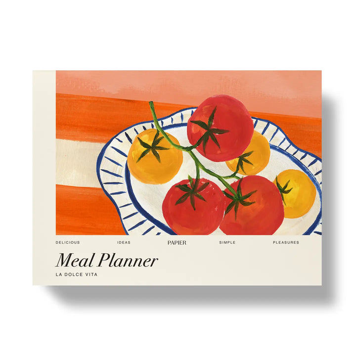 La Dolce Vita meal planner featuring a colorful illustration of tomatoes on a plate