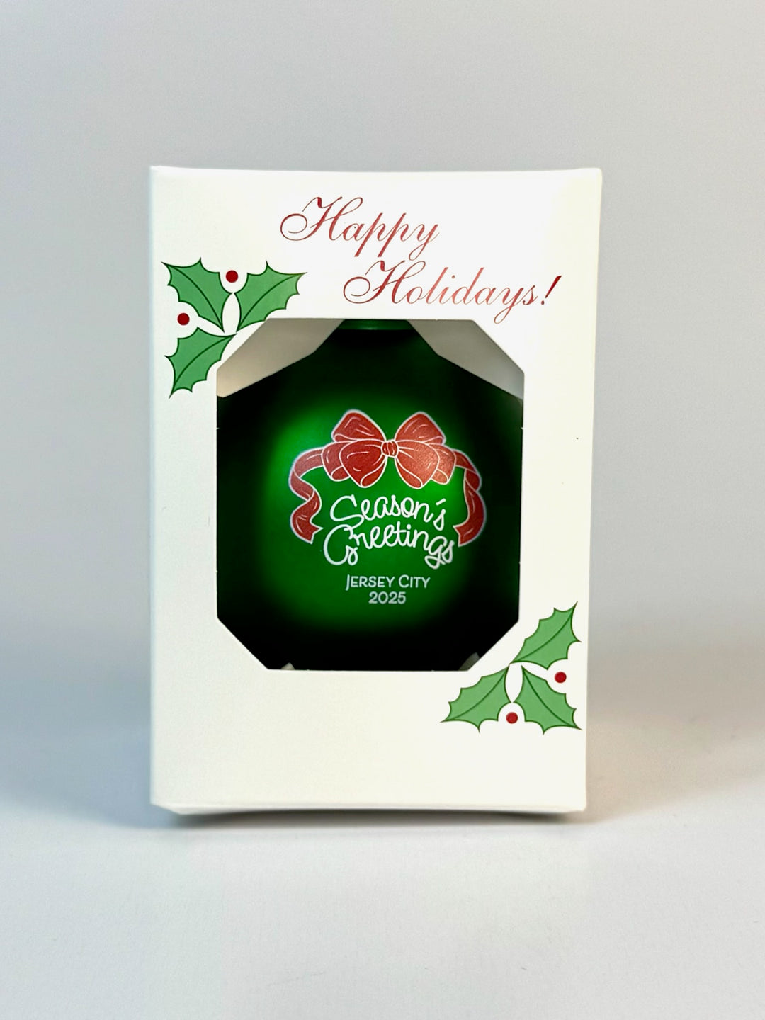Limited Edition Jersey City ornament 2025 in a holiday-themed box with festive design