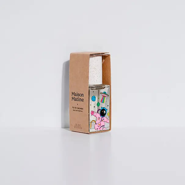 Maison Matine perfume in recycled cardboard box showing illustrated bottle with cork cap on white background