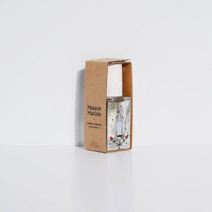 Maison Matine Avant L'Orage perfume small 15ml bottle in kraft box with illustrated glass bottle and white cap