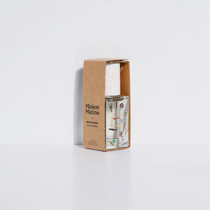 Maison Matine Bain De Midi perfume in illustrated glass bottle with speckled white cap in kraft box