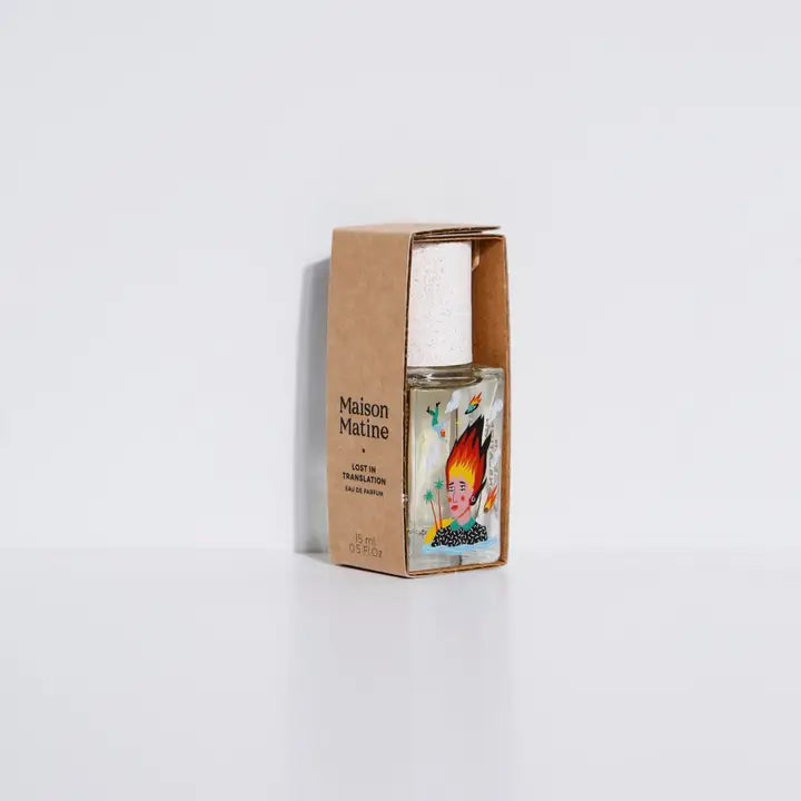 Maison Matine Lost in Translation perfume glass bottle with illustrated label in kraft cardboard box