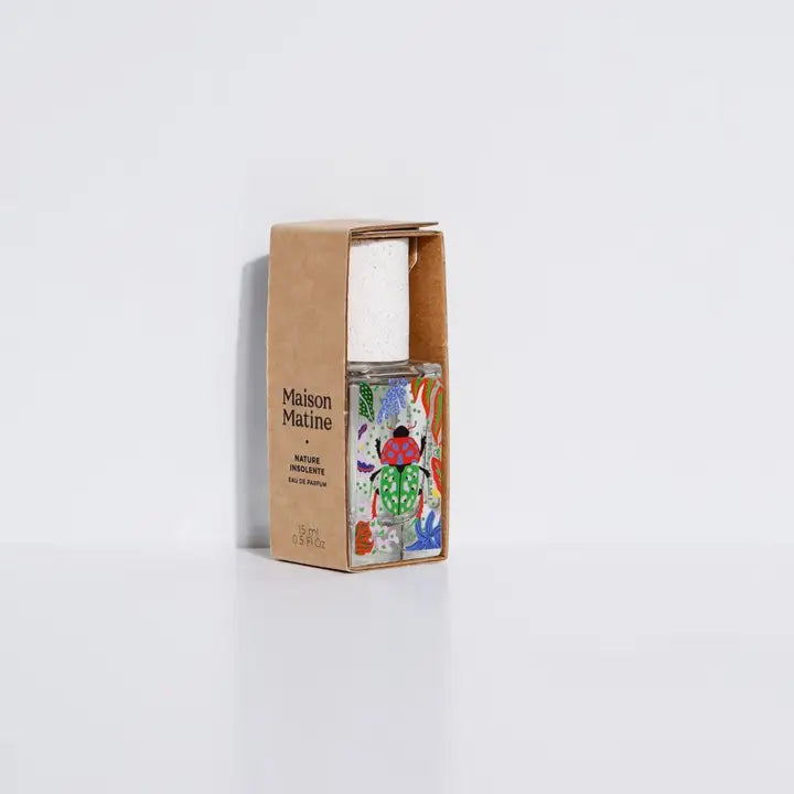 Maison Matine Nature Insolente perfume in kraft box with colorful illustrated glass bottle and white cap
