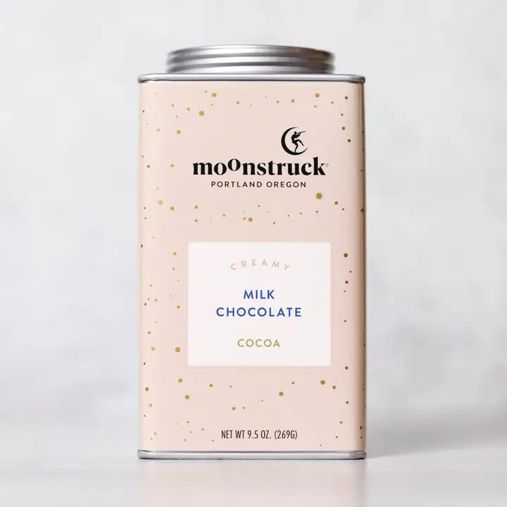 Moonstruck creamy hot chocolate mix tin featuring milk chocolate cocoa blend for rich flavor