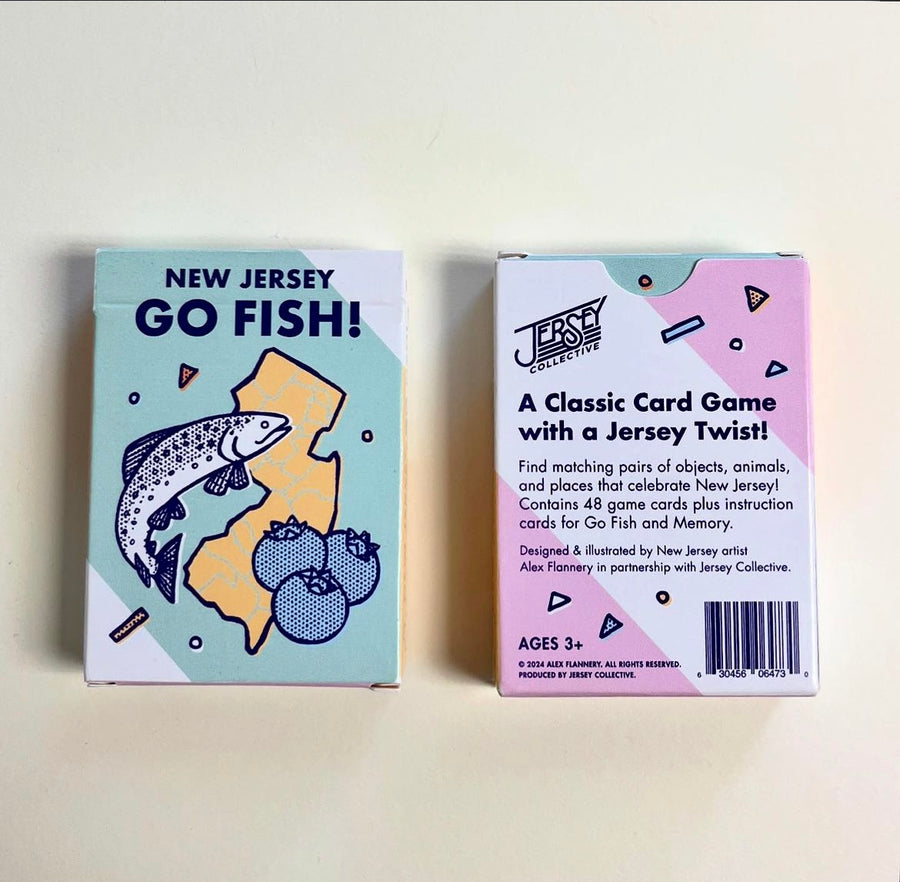New Jersey Go Fish game by Jersey Collective featuring illustrated game box front and back with state and fish design
