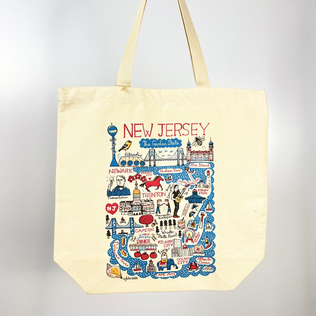 Morado Designs New Jersey map tote bag with colorful illustrated landmarks and city names on cream canvas