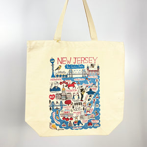 Morado Designs New Jersey map tote bag with colorful illustrated landmarks and city names on cream canvas