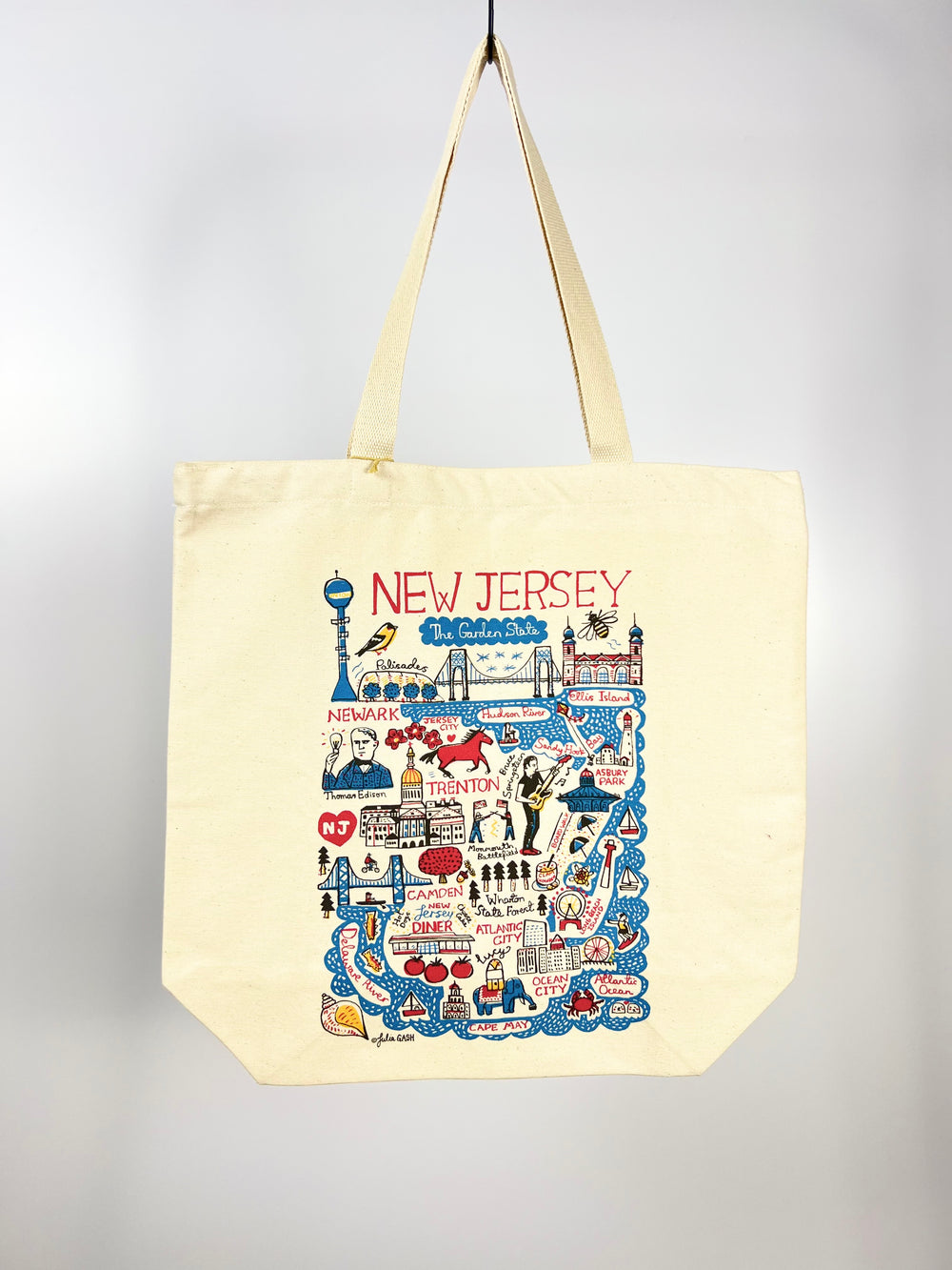 Morado Designs New Jersey map tote bag featuring colorful illustrated landmarks and icons