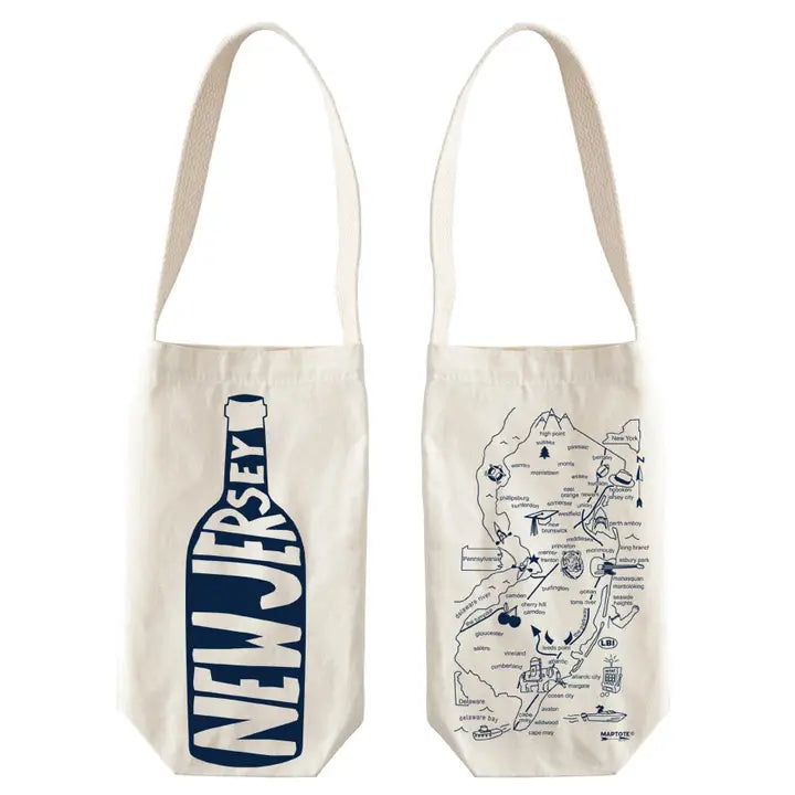 MapTote New Jersey wine tote with bottle design and state wine region map in navy blue