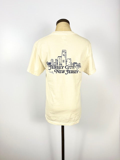 Back view of Nice Place Jersey City shirt by Kanibal & Co. featuring Jersey City New Jersey skyline print