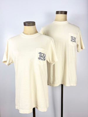 Kanibal & Co. Nice Place Jersey City shirt in cream with front pocket and printed text