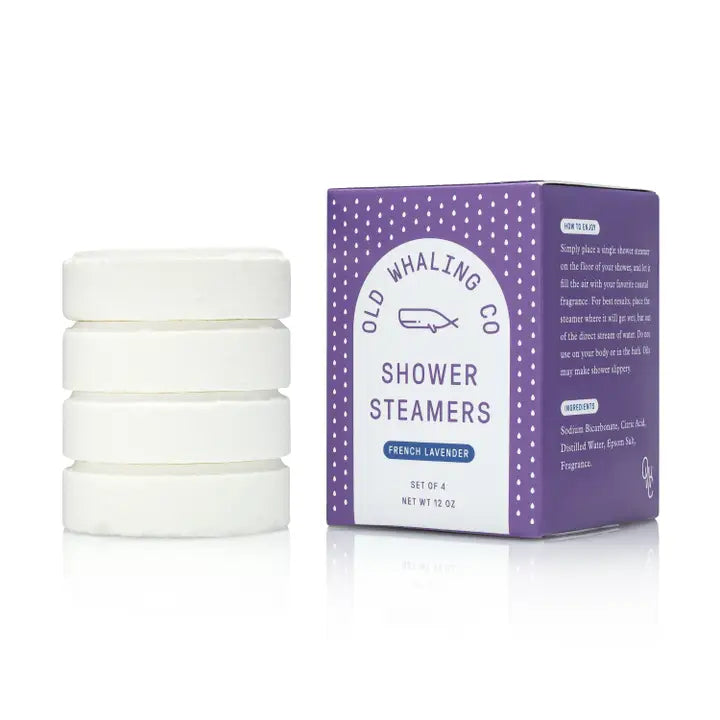 Old Whaling Co French lavender shower steamers box with four white round tablets for relaxing scented showers