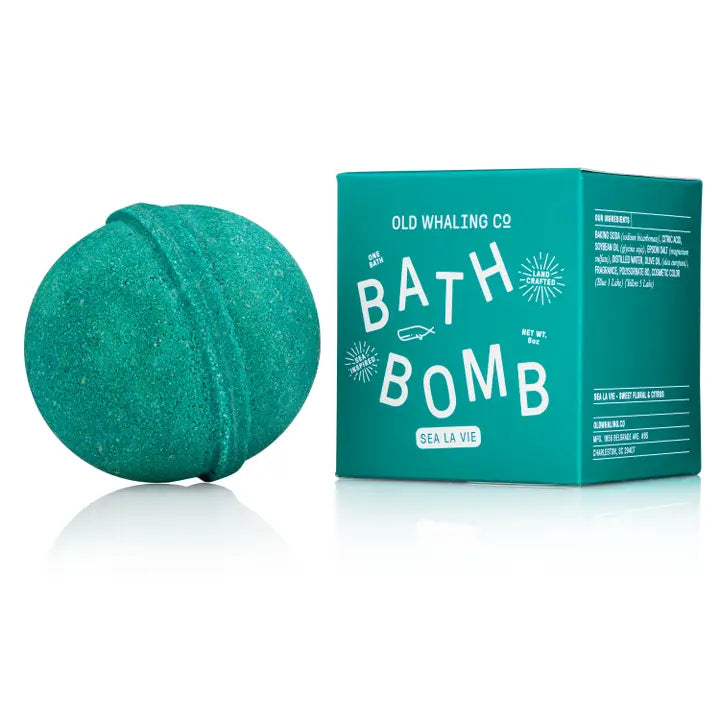Old Whaling Co natural bath bomb Sea La Vie teal round bath fizzer beside matching teal product box