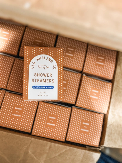 Old Whaling Co oatmeal milk and honey shower steamers boxed set with dotted orange retail boxes