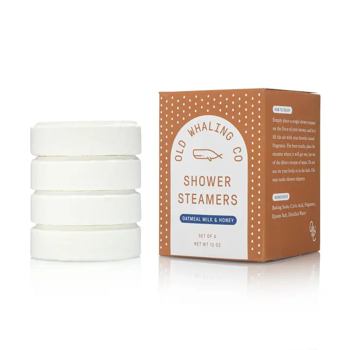 Old Whaling Co oatmeal milk and honey shower steamers set of four with brown box and stacked white tablets