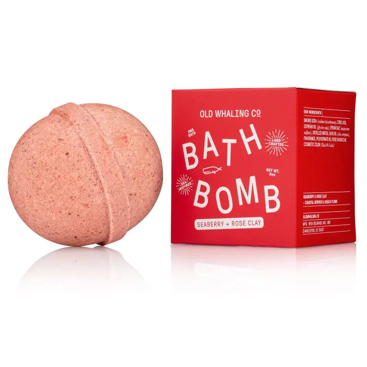 Old Whaling Co seaberry rose clay bath bomb pink sphere with box packaging moisturizing clay and calming scent for relaxing baths
