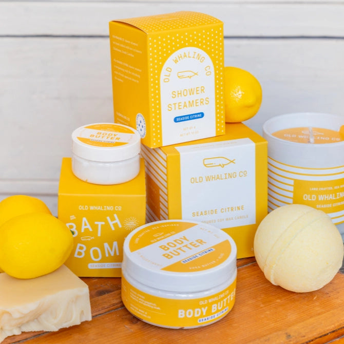Old Whaling Co seaside citrine shower steamers with matching body butter bath bomb and soap