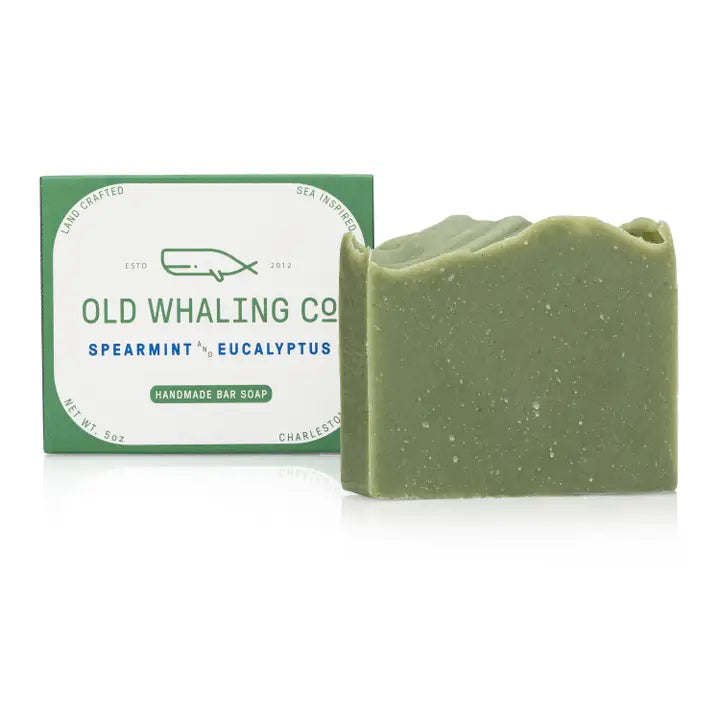 Old Whaling Co spearmint eucalyptus bar soap green handmade bar next to branded box for refreshing clean