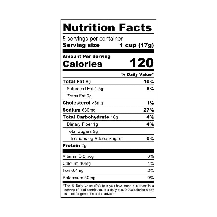 Nutrition facts label for Poppy Handcrafted Popcorn pimento cheese popcorn with serving details