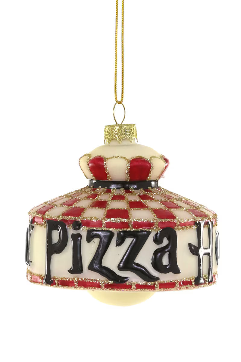 Cody Foster & Co. pizza restaurant ornament in red and cream with glitter detailing
