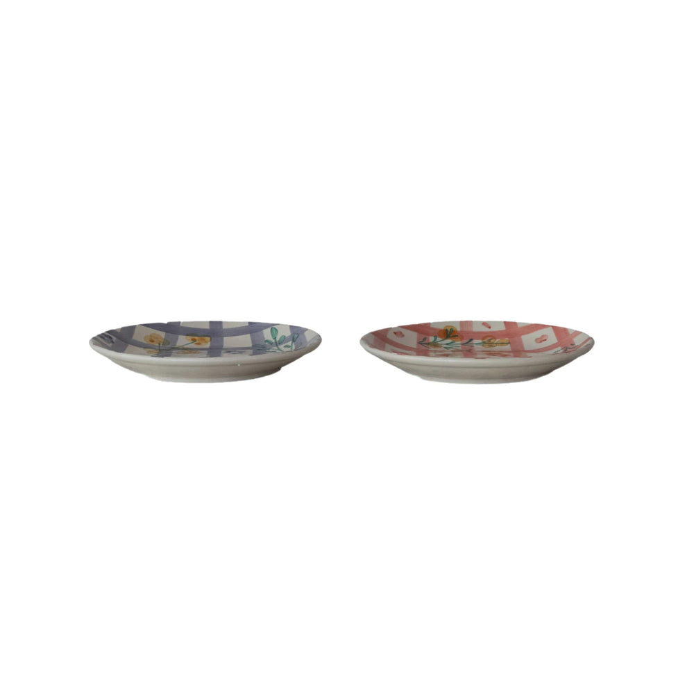 Creative Co-Op Serving Plates with Colorful Flower Design and Plate Grid Pattern